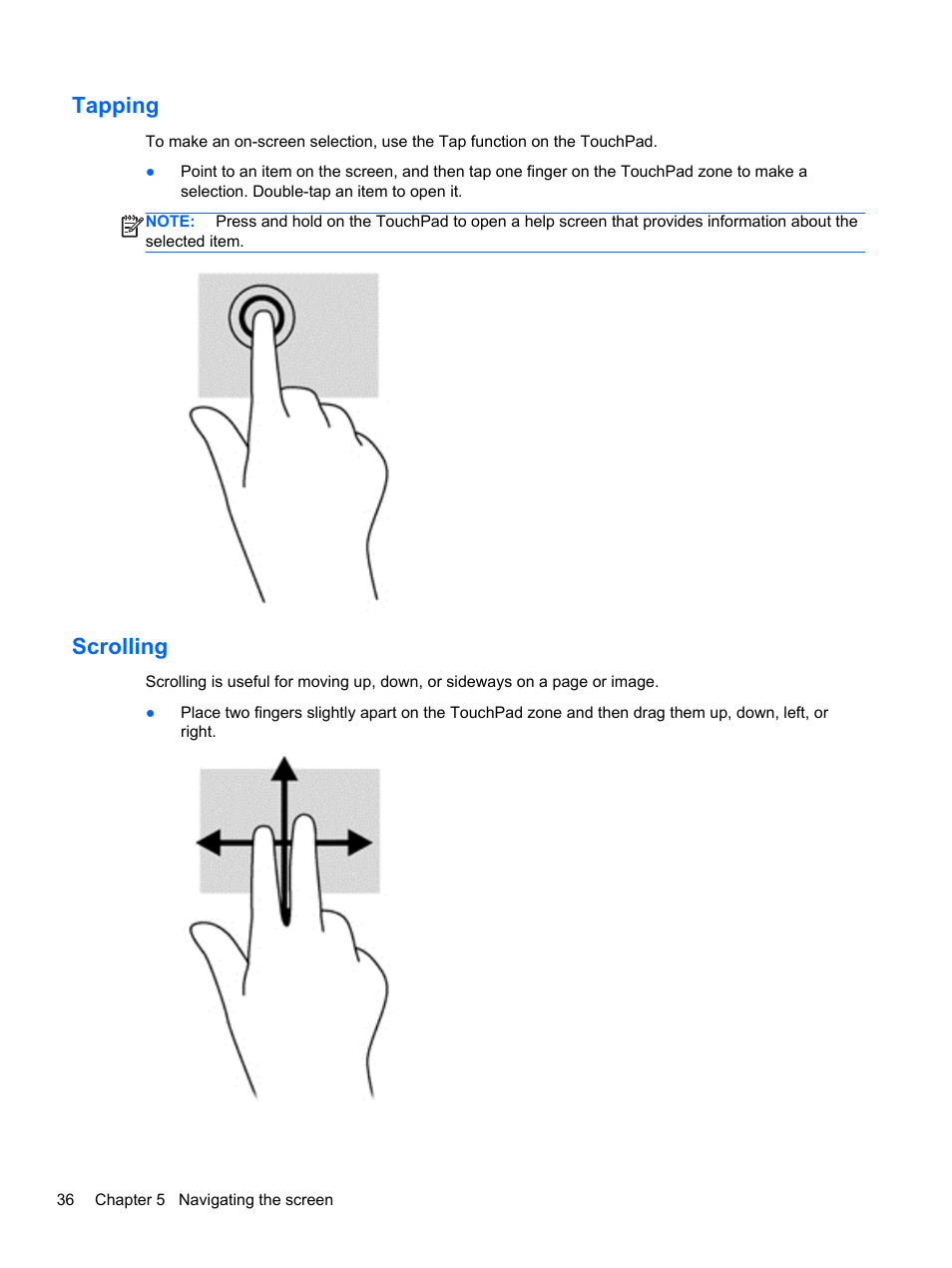 Tapping, Scrolling, Tapping scrolling | HP Pavilion 13z-p100 CTO x2 PC User Manual | Page 46 / 81