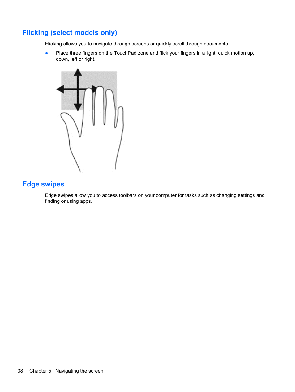 Flicking (select models only), Edge swipes, Flicking (select models only) edge swipes | HP Pavilion 13z-p100 CTO x2 PC User Manual | Page 48 / 81