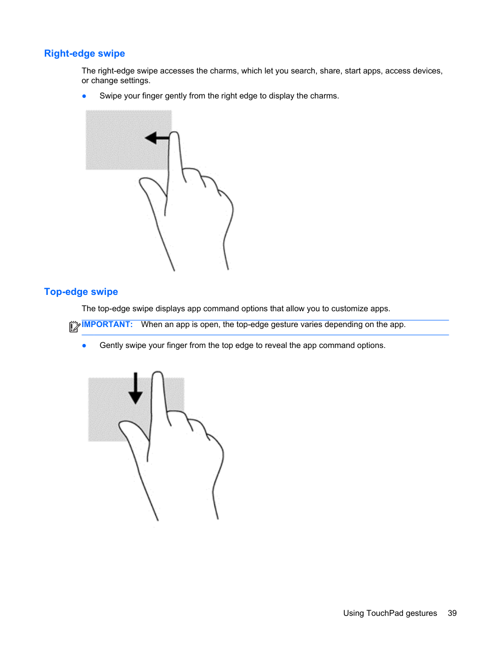 Right-edge swipe, Top-edge swipe, Right-edge swipe top-edge swipe | HP Pavilion 13z-p100 CTO x2 PC User Manual | Page 49 / 81