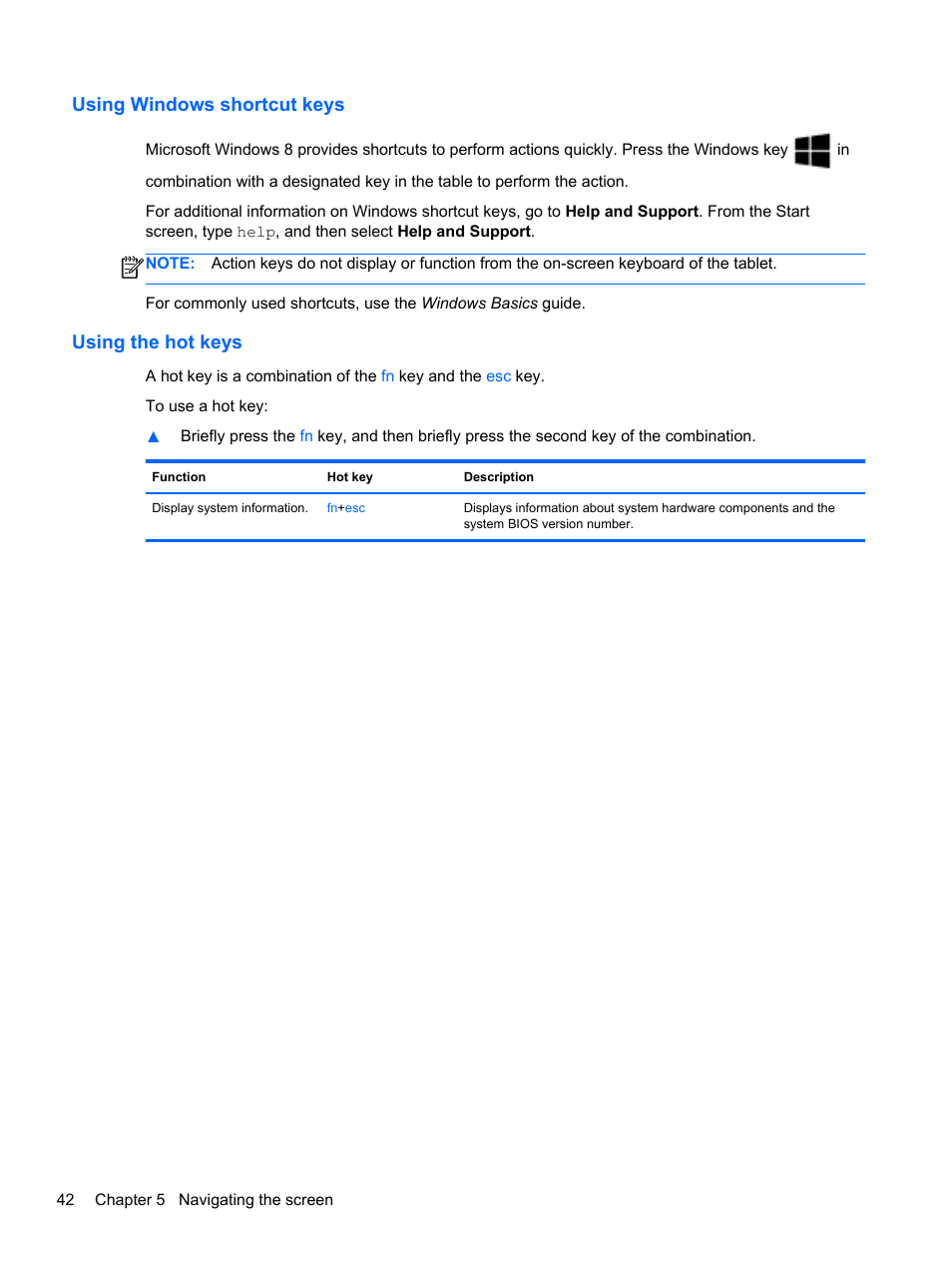 Using windows shortcut keys, Using the hot keys, Using windows shortcut keys using the hot keys | HP Pavilion 13z-p100 CTO x2 PC User Manual | Page 52 / 81