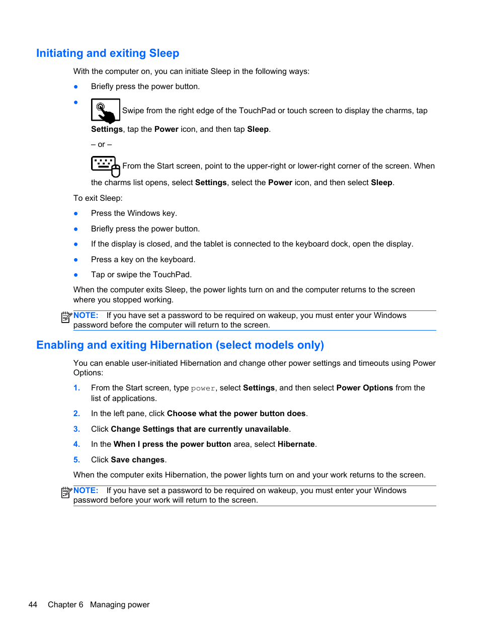 Initiating and exiting sleep, Initiating and, Information, see | HP Pavilion 13z-p100 CTO x2 PC User Manual | Page 54 / 81
