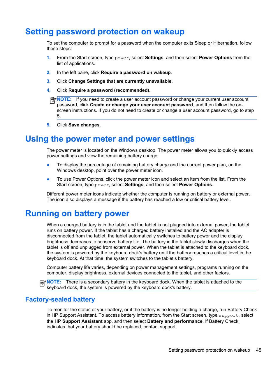 Setting password protection on wakeup, Using the power meter and power settings, Running on battery power | Factory-sealed battery | HP Pavilion 13z-p100 CTO x2 PC User Manual | Page 55 / 81