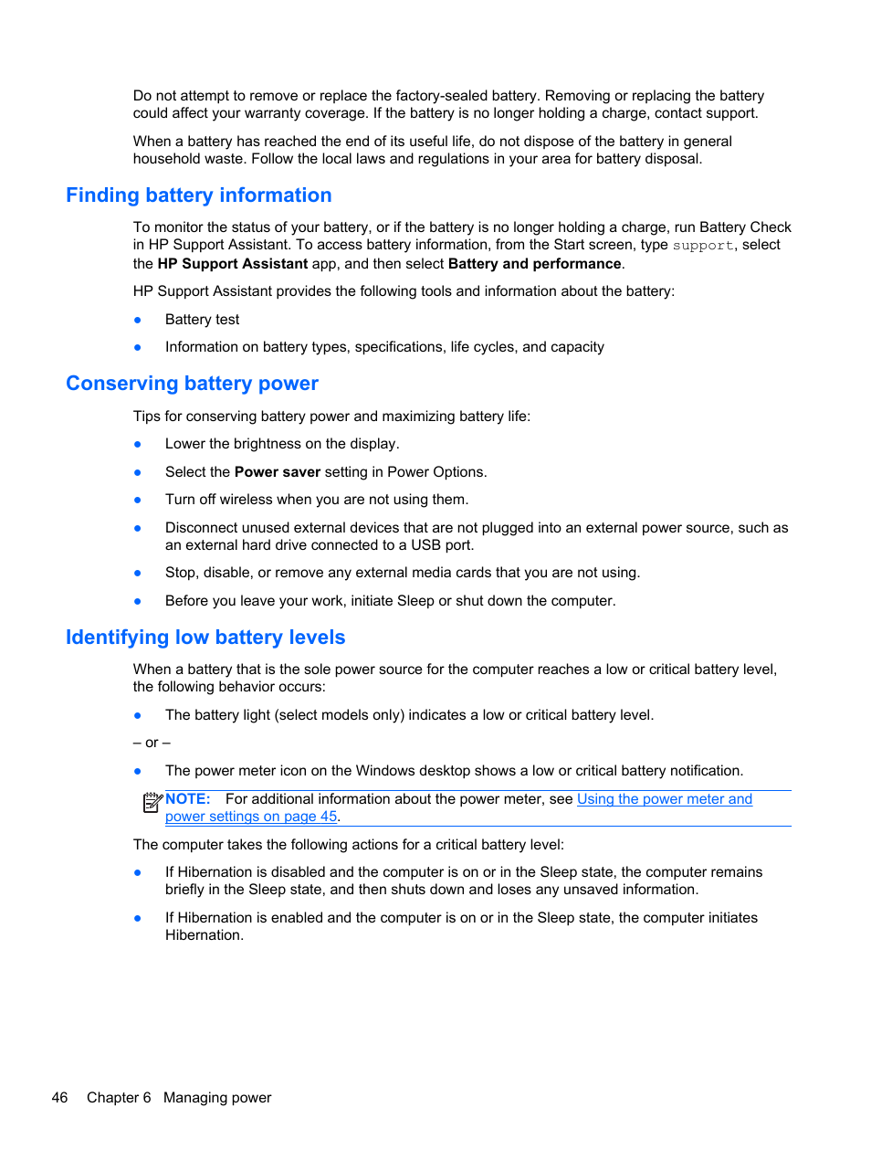 Finding battery information, Conserving battery power, Identifying low battery levels | HP Pavilion 13z-p100 CTO x2 PC User Manual | Page 56 / 81