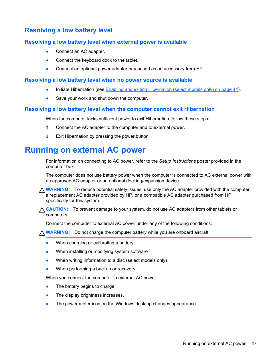 Resolving a low battery level, Running on external ac power | HP Pavilion 13z-p100 CTO x2 PC User Manual | Page 57 / 81