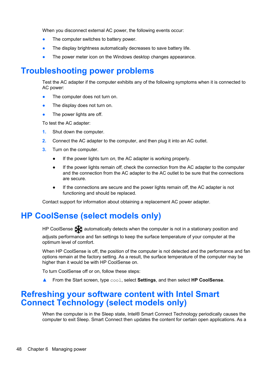 Troubleshooting power problems, Hp coolsense (select models only) | HP Pavilion 13z-p100 CTO x2 PC User Manual | Page 58 / 81