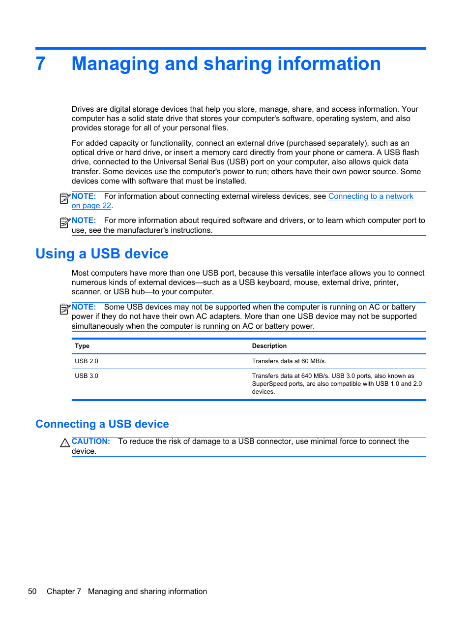 Managing and sharing information, Using a usb device, Connecting a usb device | 7 managing and sharing information, 7managing and sharing information | HP Pavilion 13z-p100 CTO x2 PC User Manual | Page 60 / 81