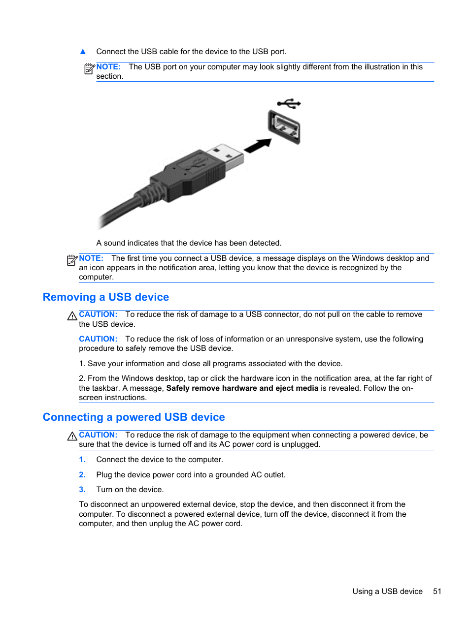 Removing a usb device, Connecting a powered usb device | HP Pavilion 13z-p100 CTO x2 PC User Manual | Page 61 / 81