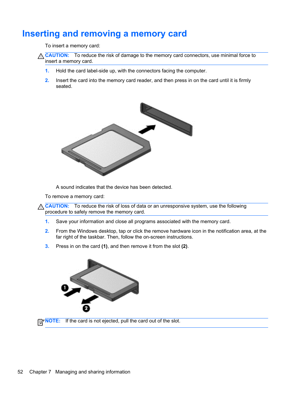 Inserting and removing a memory card | HP Pavilion 13z-p100 CTO x2 PC User Manual | Page 62 / 81