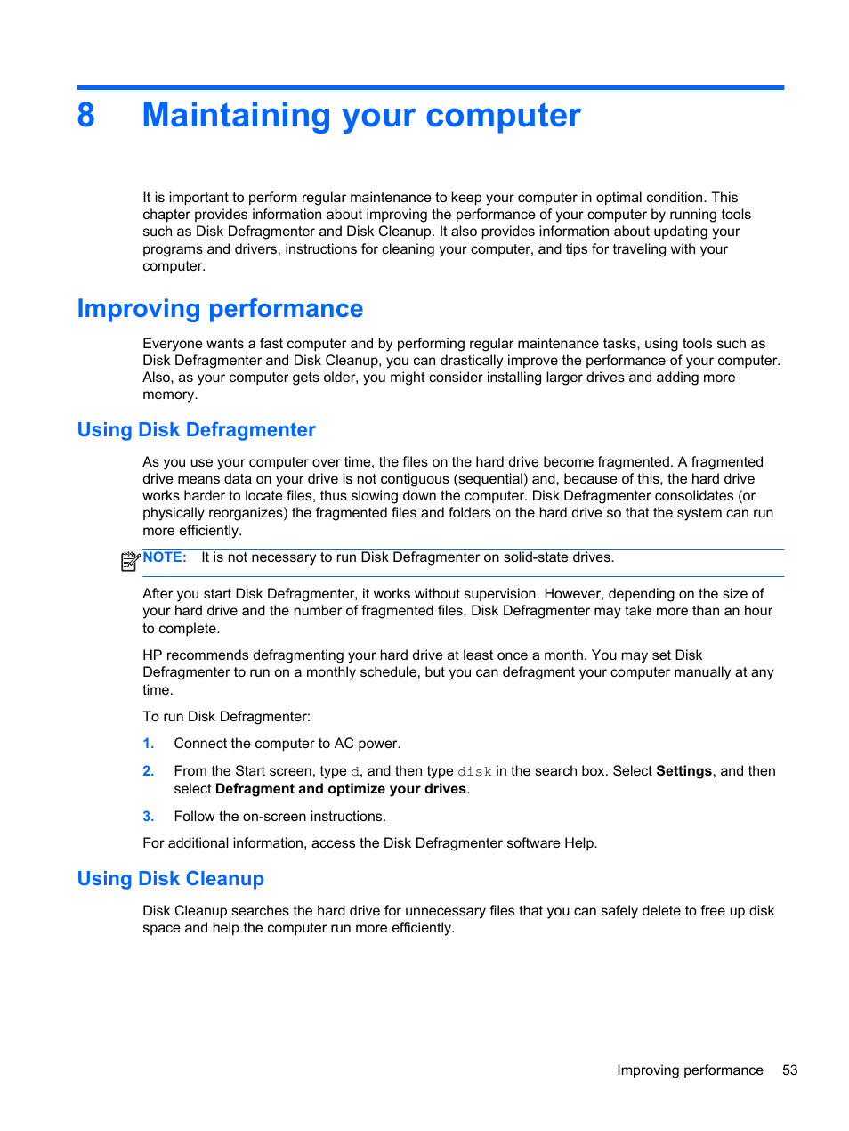 Maintaining your computer, Improving performance, Using disk defragmenter | Using disk cleanup, 8 maintaining your computer, Using disk defragmenter using disk cleanup, 8maintaining your computer | HP Pavilion 13z-p100 CTO x2 PC User Manual | Page 63 / 81