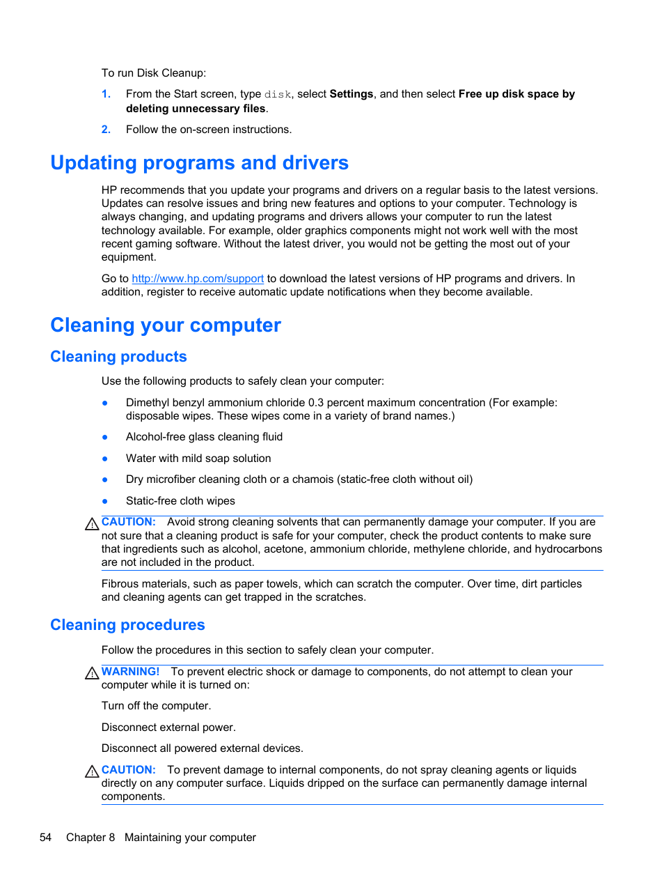 Updating programs and drivers, Cleaning your computer, Cleaning products | Cleaning procedures, Cleaning products cleaning procedures | HP Pavilion 13z-p100 CTO x2 PC User Manual | Page 64 / 81