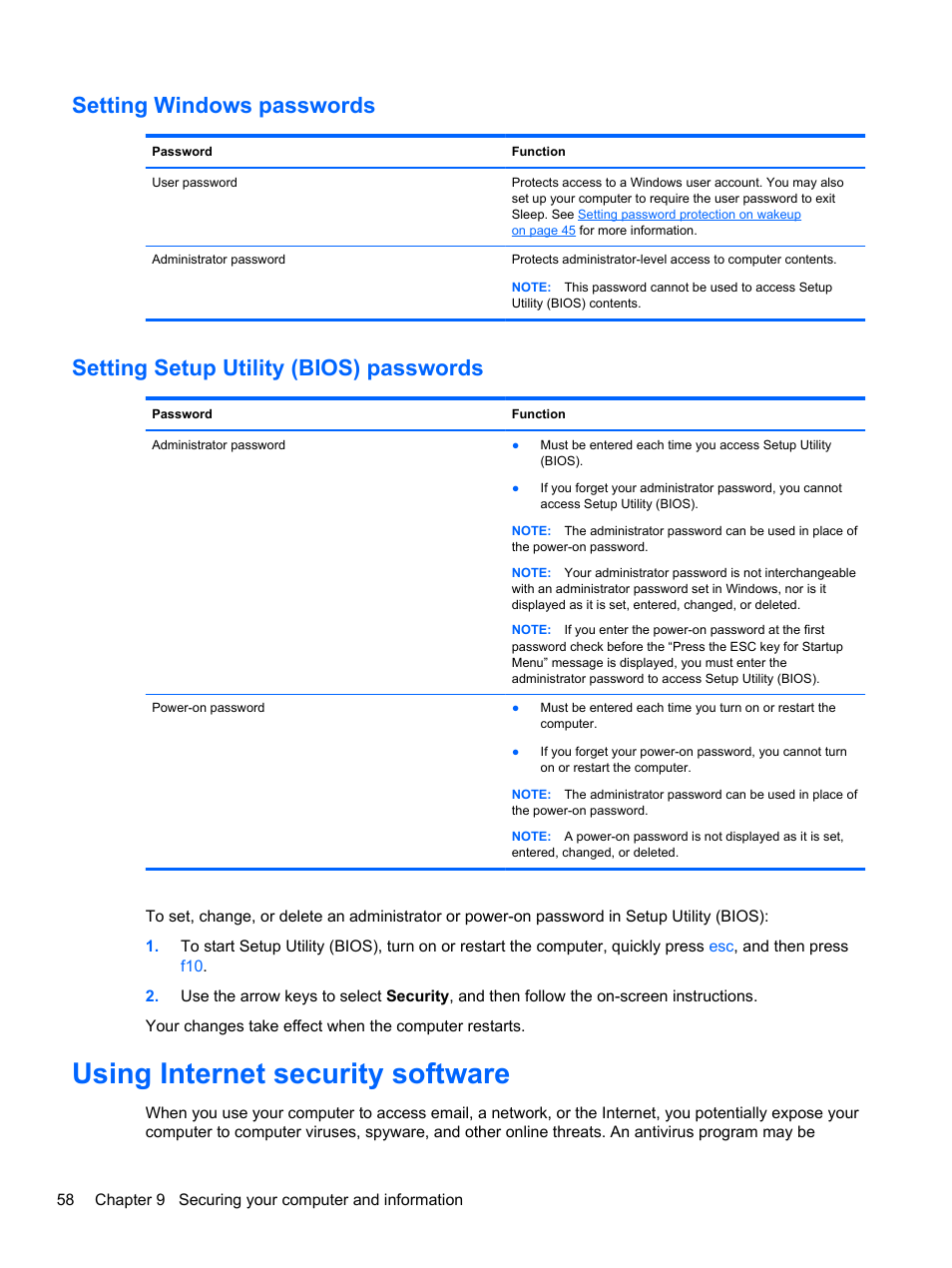 Setting windows passwords, Setting setup utility (bios) passwords, Using internet security software | HP Pavilion 13z-p100 CTO x2 PC User Manual | Page 68 / 81