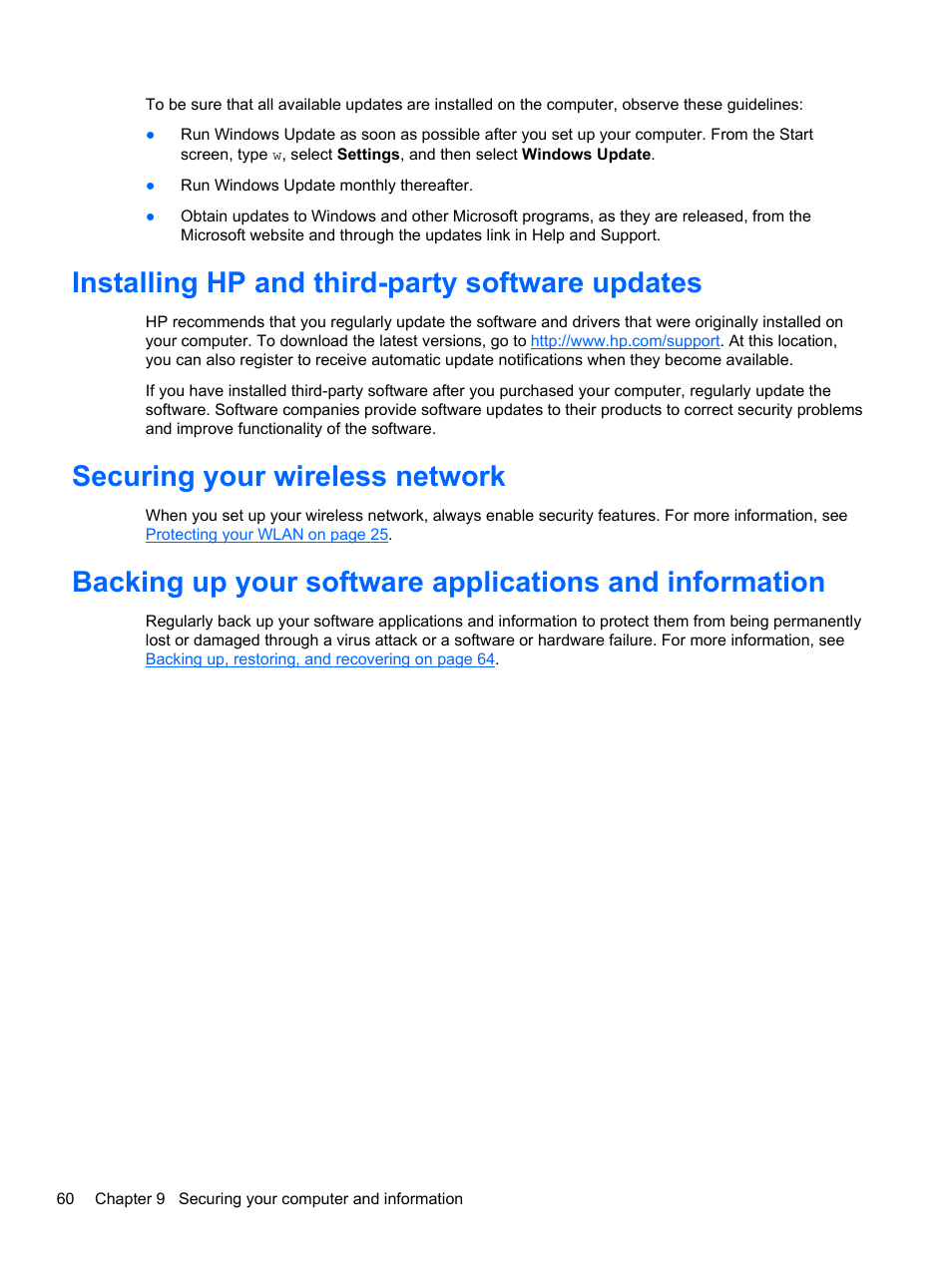 Installing hp and third-party software updates, Securing your wireless network | HP Pavilion 13z-p100 CTO x2 PC User Manual | Page 70 / 81