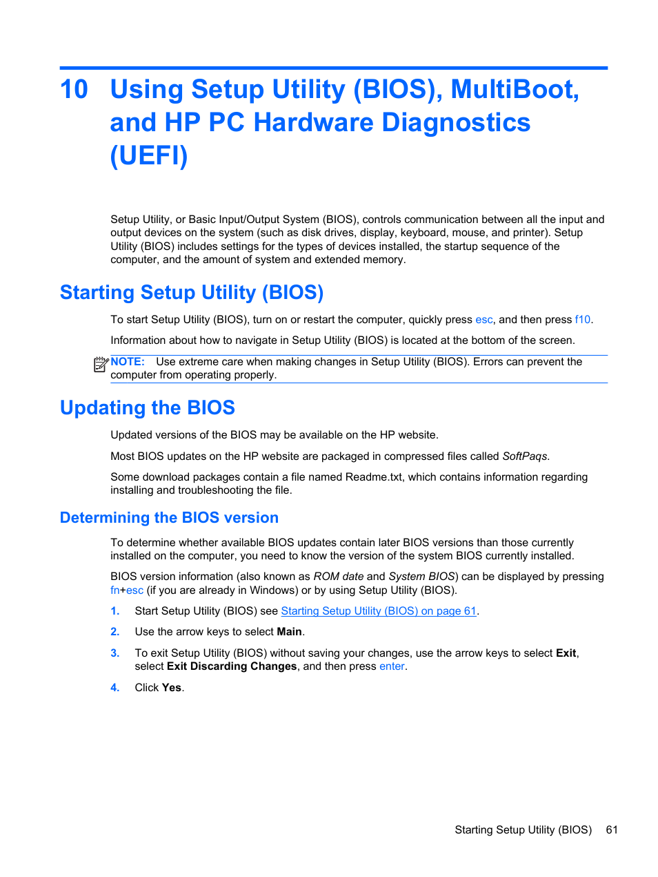Starting setup utility (bios), Updating the bios, Determining the bios version | Starting setup utility (bios) updating the bios | HP Pavilion 13z-p100 CTO x2 PC User Manual | Page 71 / 81