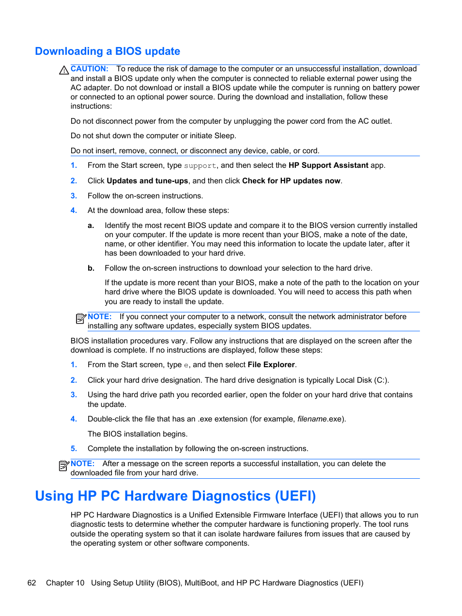 Downloading a bios update, Using hp pc hardware diagnostics (uefi) | HP Pavilion 13z-p100 CTO x2 PC User Manual | Page 72 / 81