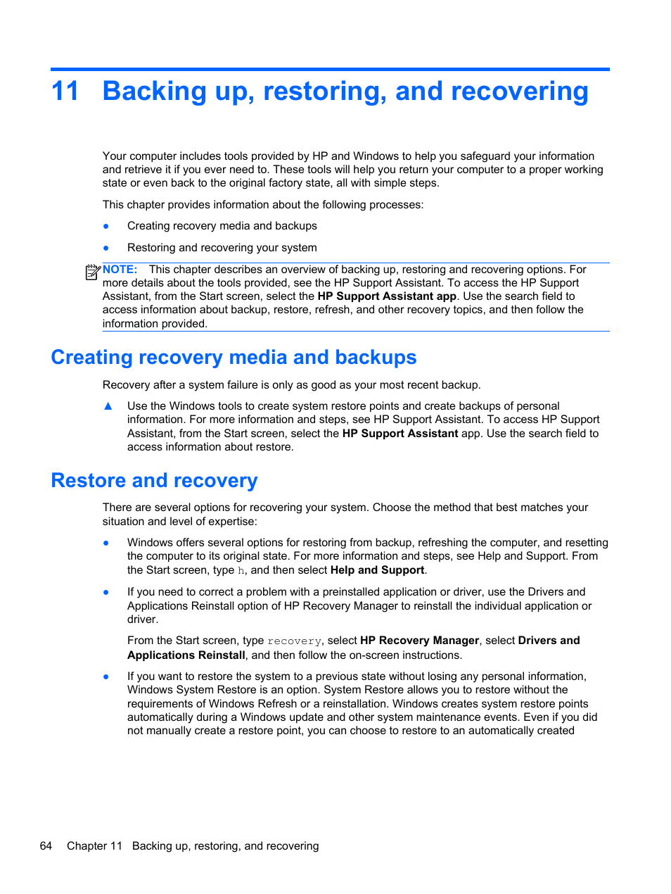 Backing up, restoring, and recovering, Creating recovery media and backups, Restore and recovery | 11 backing up, restoring, and recovering, Creating recovery media and | HP Pavilion 13z-p100 CTO x2 PC User Manual | Page 74 / 81