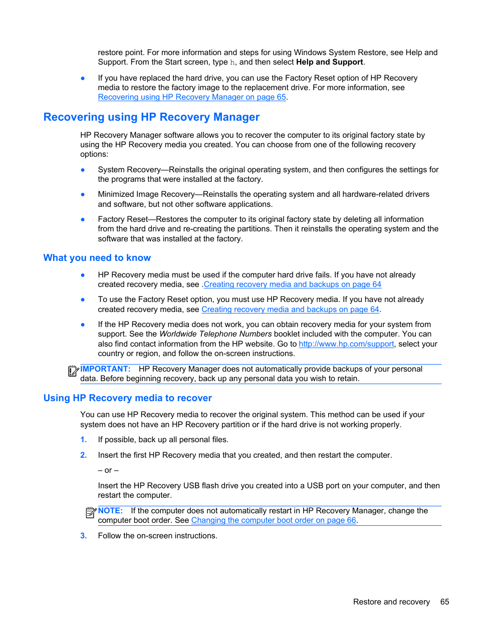 Recovering using hp recovery manager, What you need to know, Using hp recovery media to recover | HP Pavilion 13z-p100 CTO x2 PC User Manual | Page 75 / 81