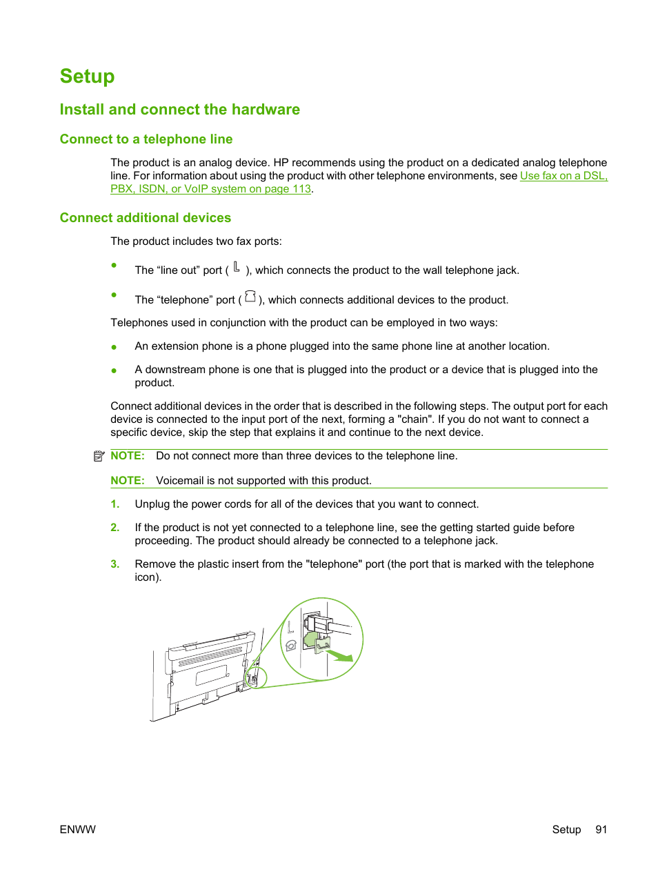 Setup, Install and connect the hardware, Connect to a telephone line | Connect additional devices | HP LaserJet M1522 Multifunction Printer series User Manual | Page 103 / 254