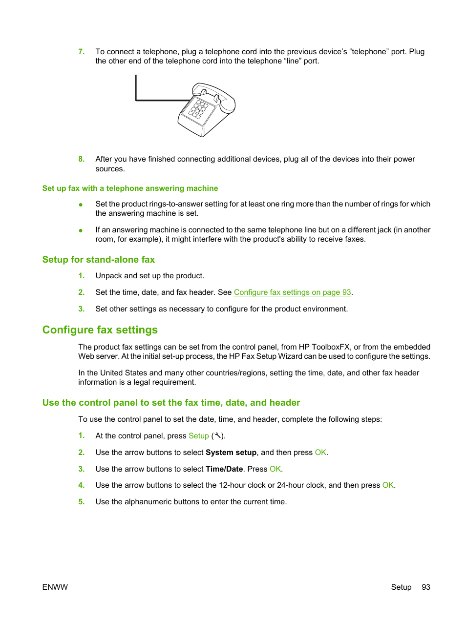 Set up fax with a telephone answering machine, Setup for stand-alone fax, Configure fax settings | HP LaserJet M1522 Multifunction Printer series User Manual | Page 105 / 254