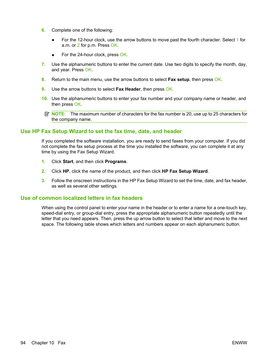 Use of common localized letters in fax headers | HP LaserJet M1522 Multifunction Printer series User Manual | Page 106 / 254