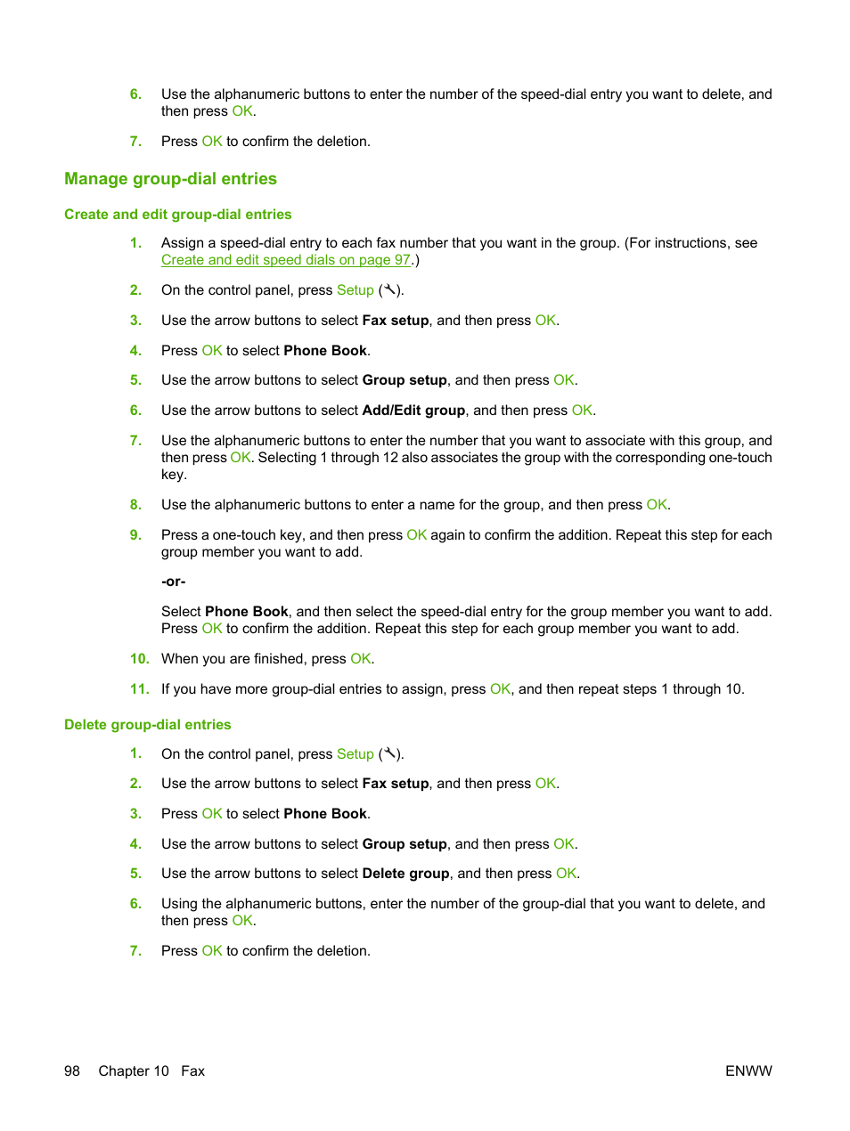 Manage group-dial entries, Create and edit group-dial entries, Delete group-dial entries | HP LaserJet M1522 Multifunction Printer series User Manual | Page 110 / 254