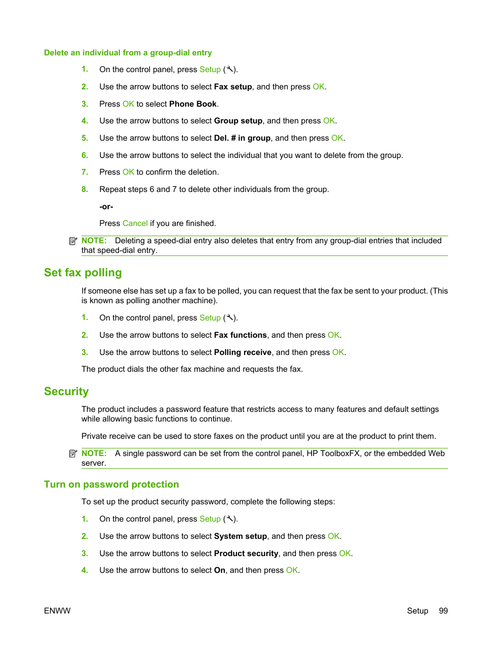 Delete an individual from a group-dial entry, Set fax polling, Security | Turn on password protection, Set fax polling security | HP LaserJet M1522 Multifunction Printer series User Manual | Page 111 / 254