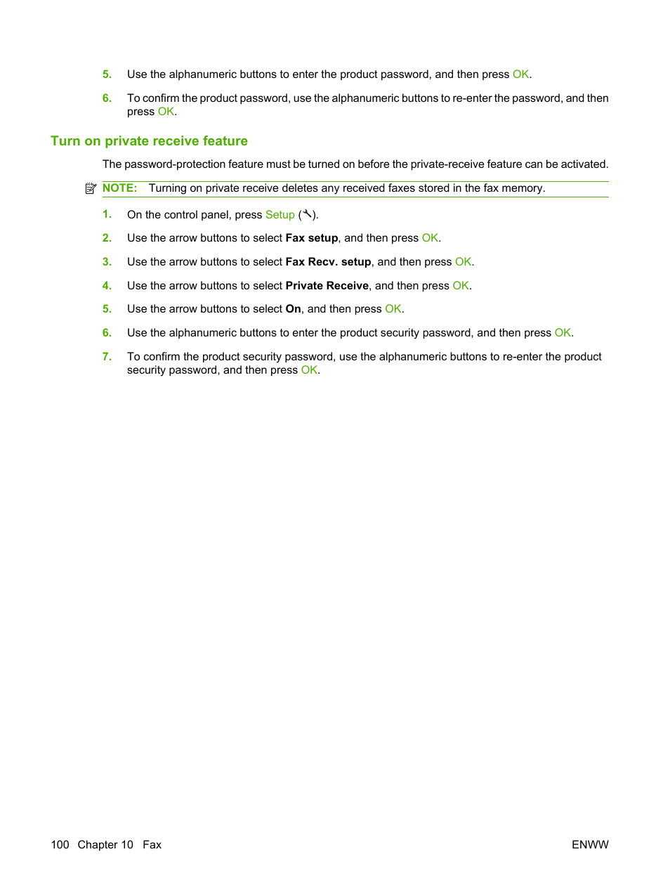 Turn on private receive feature | HP LaserJet M1522 Multifunction Printer series User Manual | Page 112 / 254