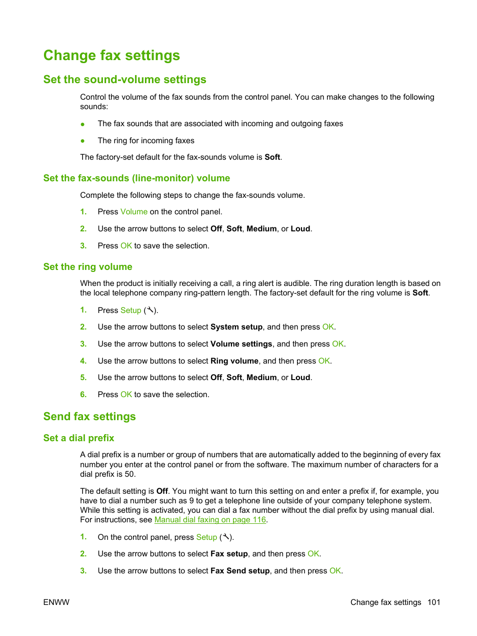 Change fax settings, Set the sound-volume settings, Set the fax-sounds (line-monitor) volume | Set the ring volume, Send fax settings, Set a dial prefix, Set the sound-volume settings send fax settings | HP LaserJet M1522 Multifunction Printer series User Manual | Page 113 / 254