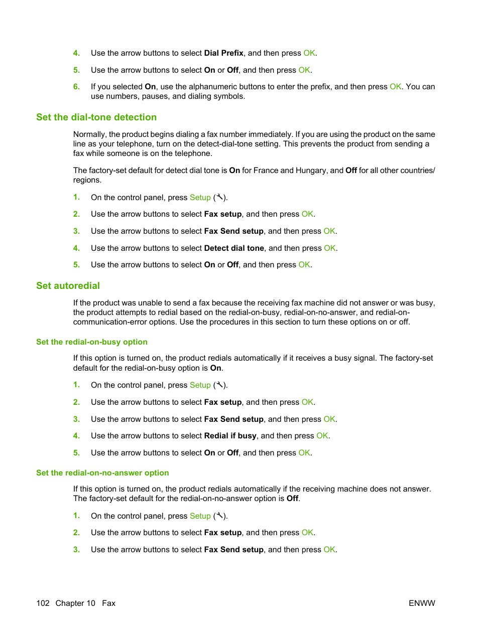 Set the dial-tone detection, Set autoredial | HP LaserJet M1522 Multifunction Printer series User Manual | Page 114 / 254