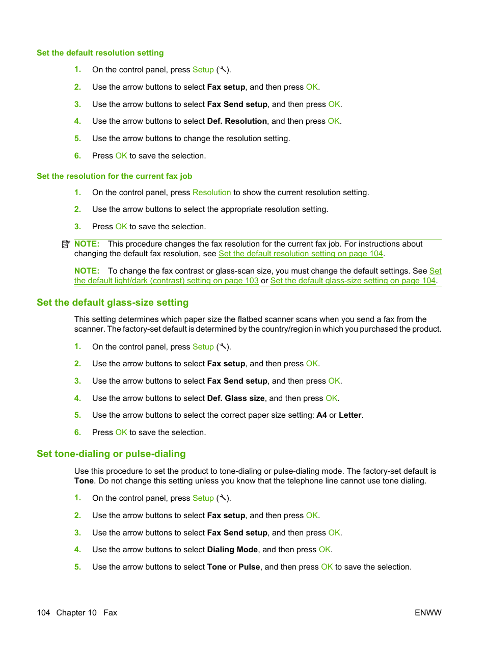 Set the default glass-size setting, Set tone-dialing or pulse-dialing | HP LaserJet M1522 Multifunction Printer series User Manual | Page 116 / 254