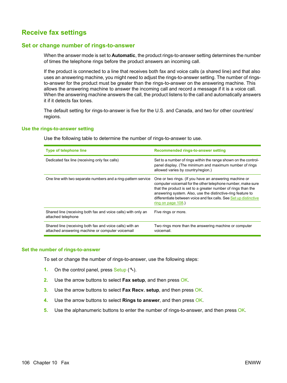 Receive fax settings, Set or change number of rings-to-answer, Use the rings-to-answer setting | Set the number of rings-to-answer | HP LaserJet M1522 Multifunction Printer series User Manual | Page 118 / 254