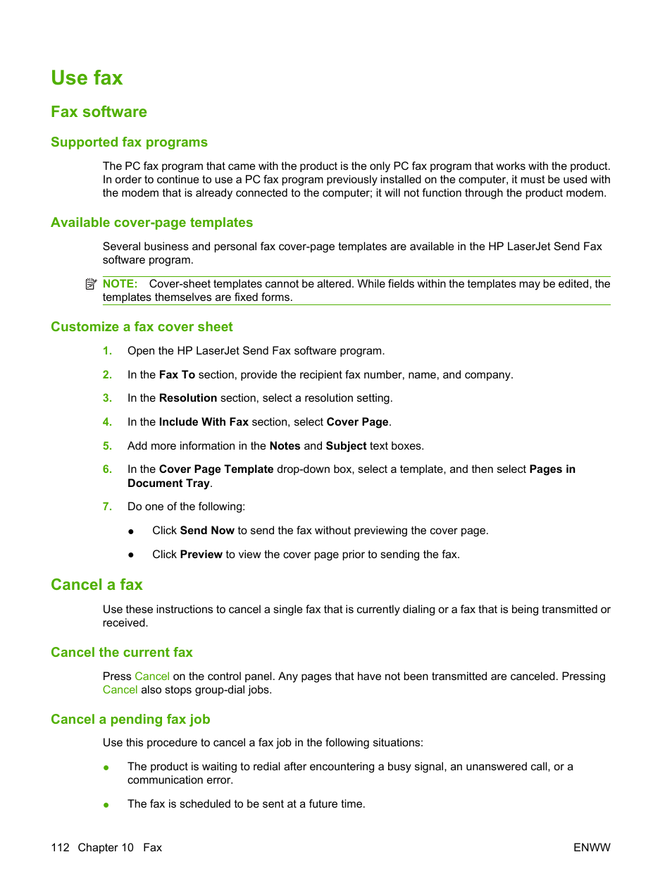 Use fax, Fax software, Supported fax programs | Customize a fax cover sheet, Cancel a fax, Cancel the current fax, Cancel a pending fax job, Fax software cancel a fax | HP LaserJet M1522 Multifunction Printer series User Manual | Page 124 / 254