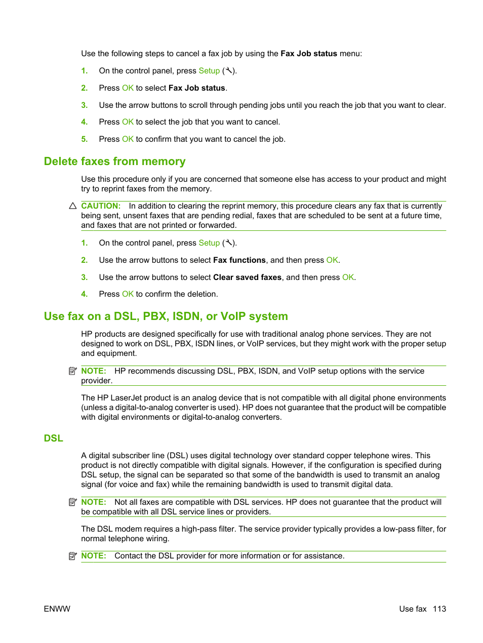 Delete faxes from memory, Use fax on a dsl, pbx, isdn, or voip system, Ts, see | Use fax on a dsl | HP LaserJet M1522 Multifunction Printer series User Manual | Page 125 / 254