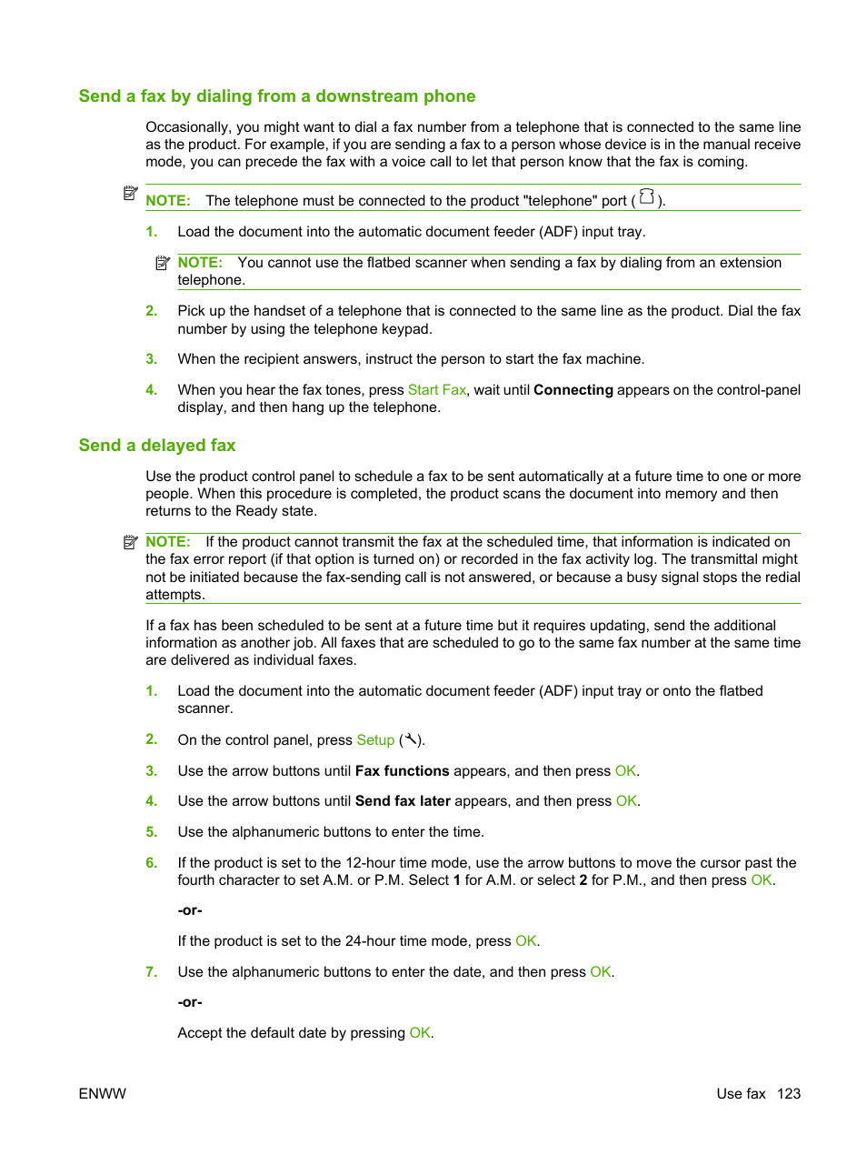 Send a fax by dialing from a downstream phone, Send a delayed fax | HP LaserJet M1522 Multifunction Printer series User Manual | Page 135 / 254