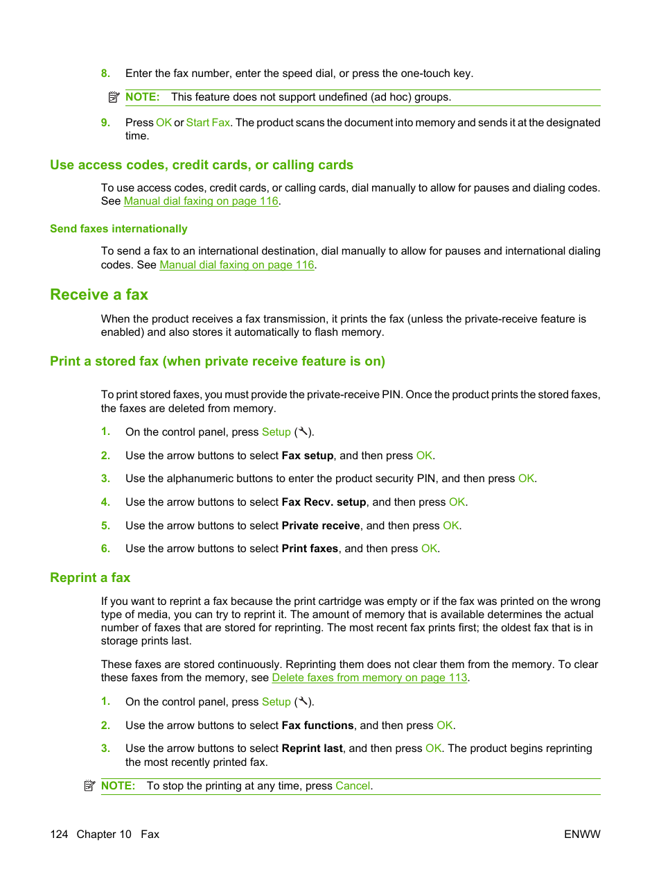 Use access codes, credit cards, or calling cards, Send faxes internationally, Receive a fax | Reprint a fax | HP LaserJet M1522 Multifunction Printer series User Manual | Page 136 / 254