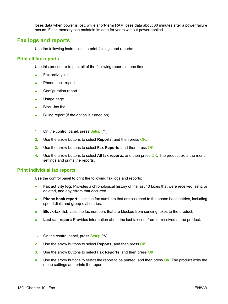 Fax logs and reports, Print all fax reports, Print individual fax reports | HP LaserJet M1522 Multifunction Printer series User Manual | Page 142 / 254