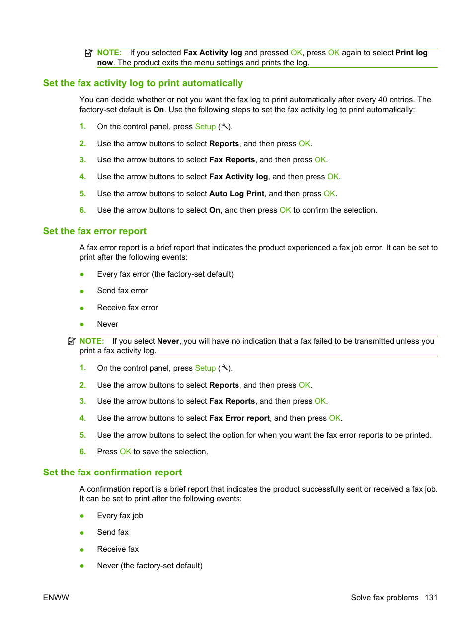 Set the fax activity log to print automatically, Set the fax error report, Set the fax confirmation report | HP LaserJet M1522 Multifunction Printer series User Manual | Page 143 / 254