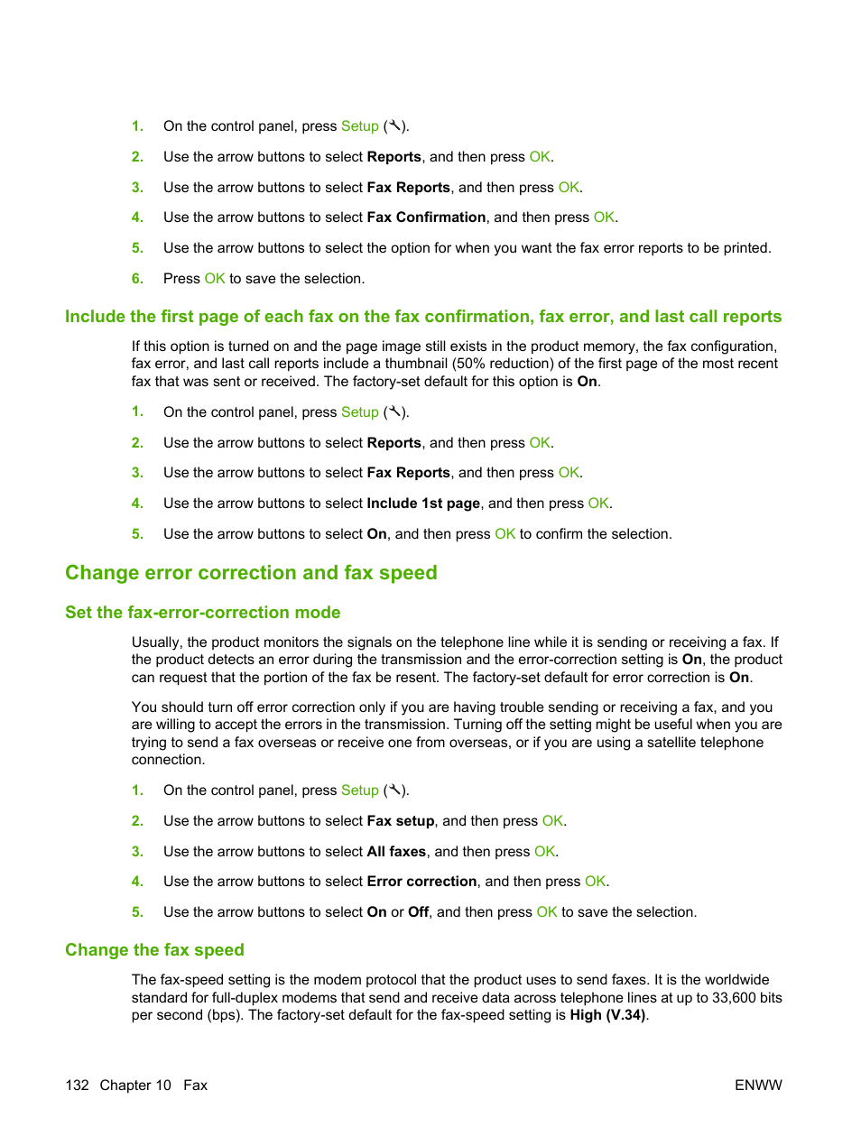Change error correction and fax speed, Set the fax-error-correction mode, Change the fax speed | Change the fax, De. see, Set the | HP LaserJet M1522 Multifunction Printer series User Manual | Page 144 / 254