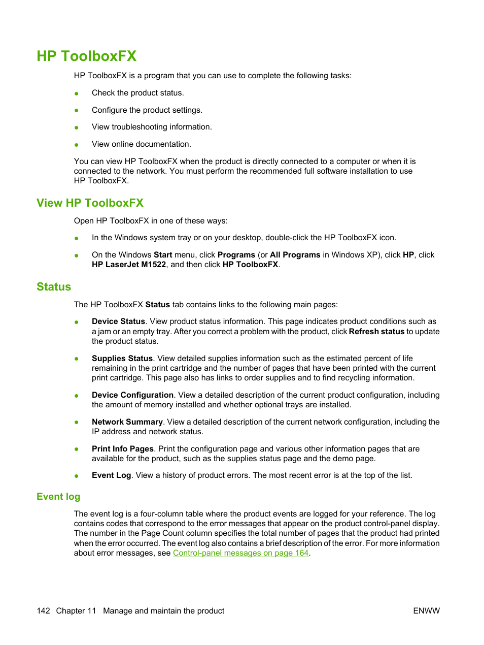 Hp toolboxfx, View hp toolboxfx, Status | Event log, View hp toolboxfx status, Ion, see | HP LaserJet M1522 Multifunction Printer series User Manual | Page 154 / 254