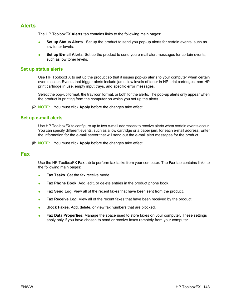 Alerts, Set up status alerts, Set up e-mail alerts | Alerts fax | HP LaserJet M1522 Multifunction Printer series User Manual | Page 155 / 254