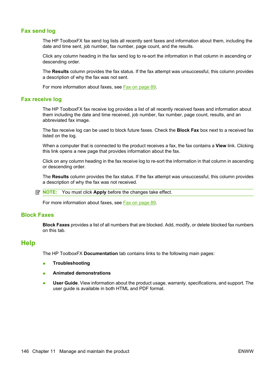 Fax send log, Fax receive log, Block faxes | Help | HP LaserJet M1522 Multifunction Printer series User Manual | Page 158 / 254