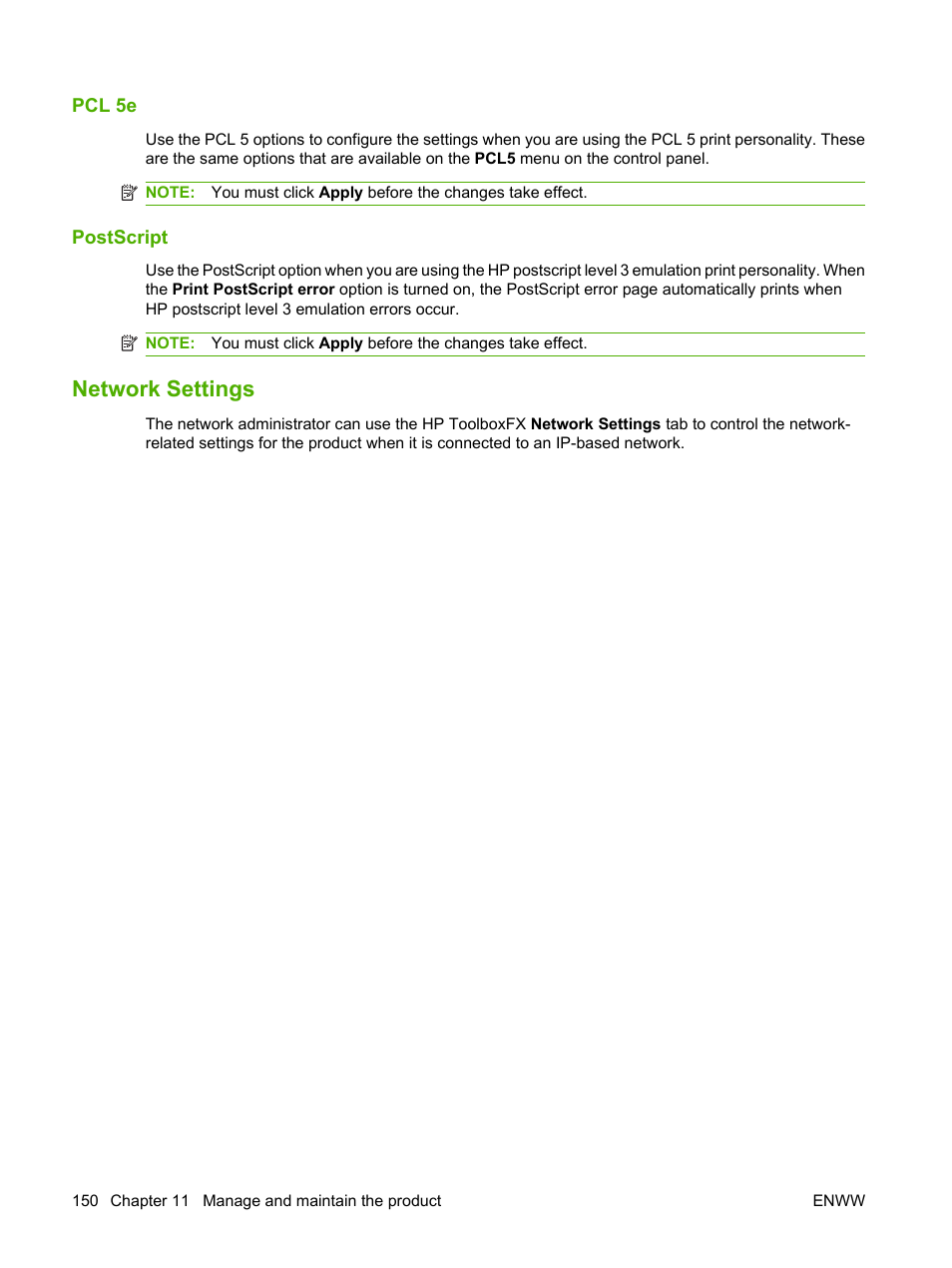 Pcl 5e, Postscript, Network settings | HP LaserJet M1522 Multifunction Printer series User Manual | Page 162 / 254
