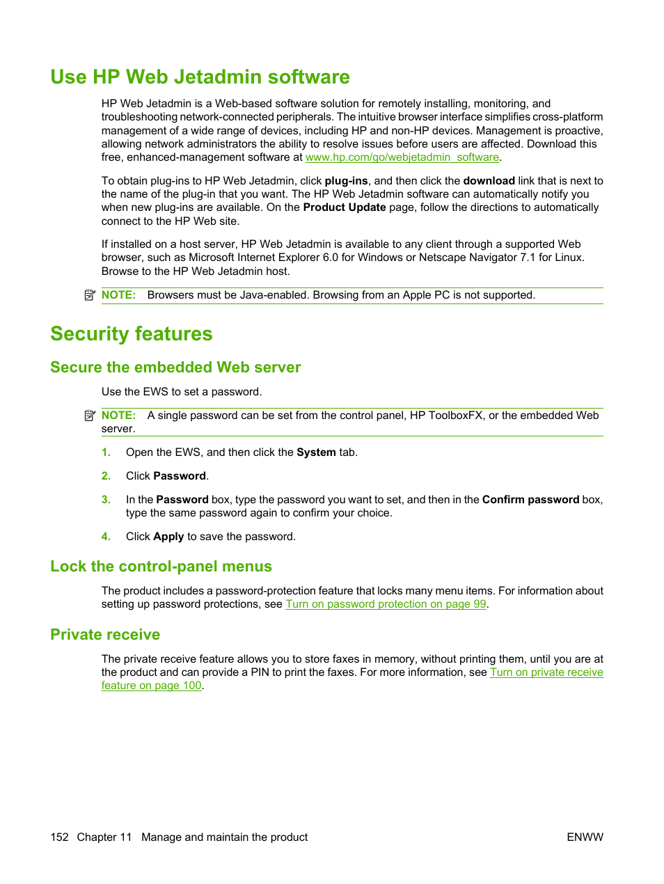 Use hp web jetadmin software, Security features, Secure the embedded web server | Lock the control-panel menus, Private receive, Use hp web jetadmin software security features | HP LaserJet M1522 Multifunction Printer series User Manual | Page 164 / 254