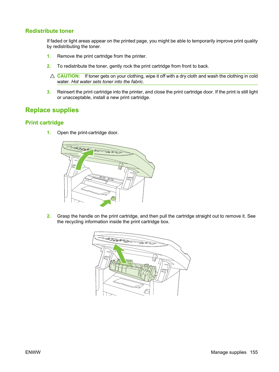 Redistribute toner, Replace supplies, Print cartridge | HP LaserJet M1522 Multifunction Printer series User Manual | Page 167 / 254
