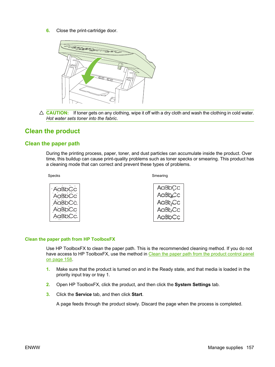 Clean the product, Clean the paper path, Clean the paper path from hp toolboxfx | HP LaserJet M1522 Multifunction Printer series User Manual | Page 169 / 254