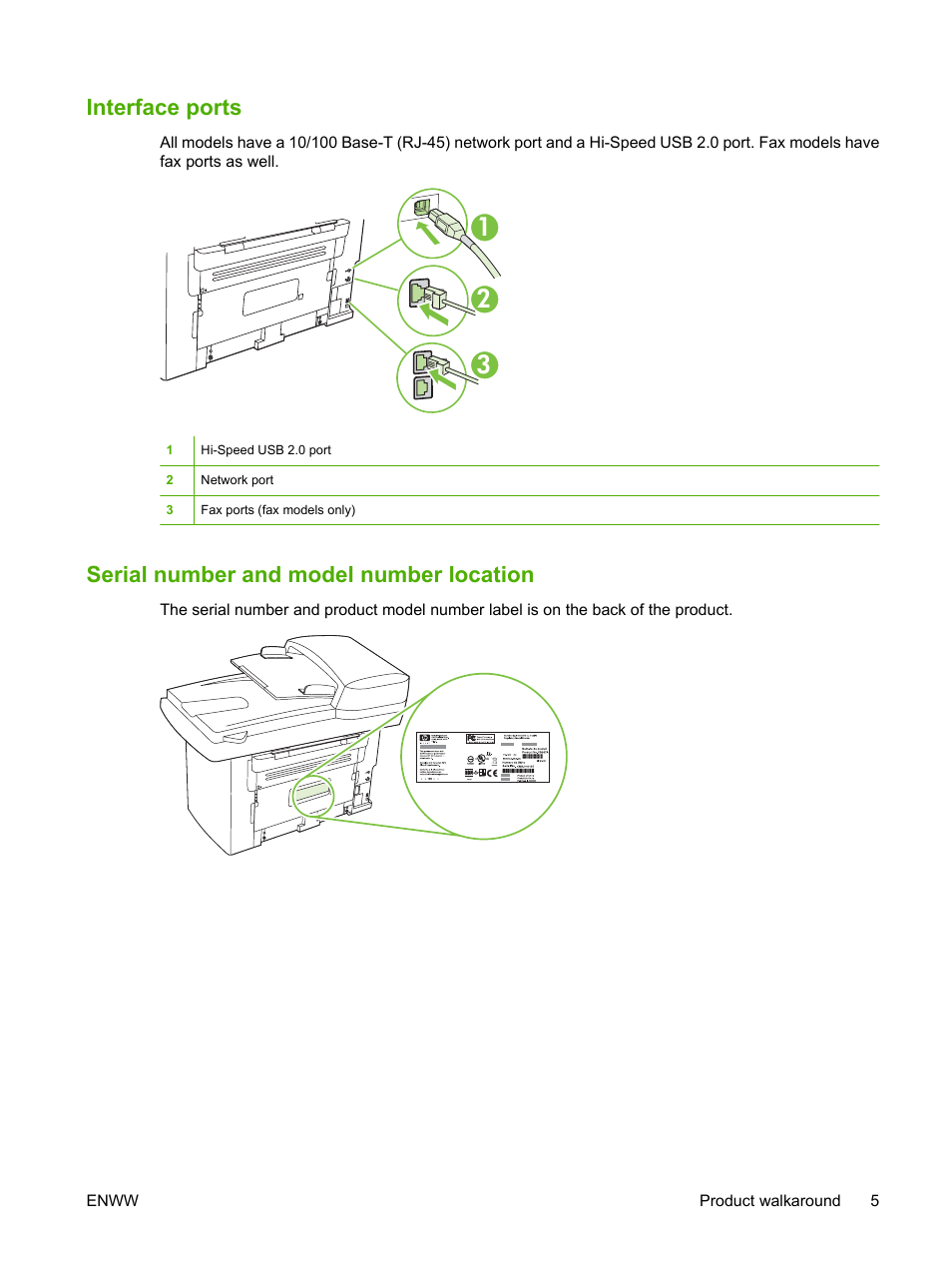 Interface ports, Serial number and model number location | HP LaserJet M1522 Multifunction Printer series User Manual | Page 17 / 254