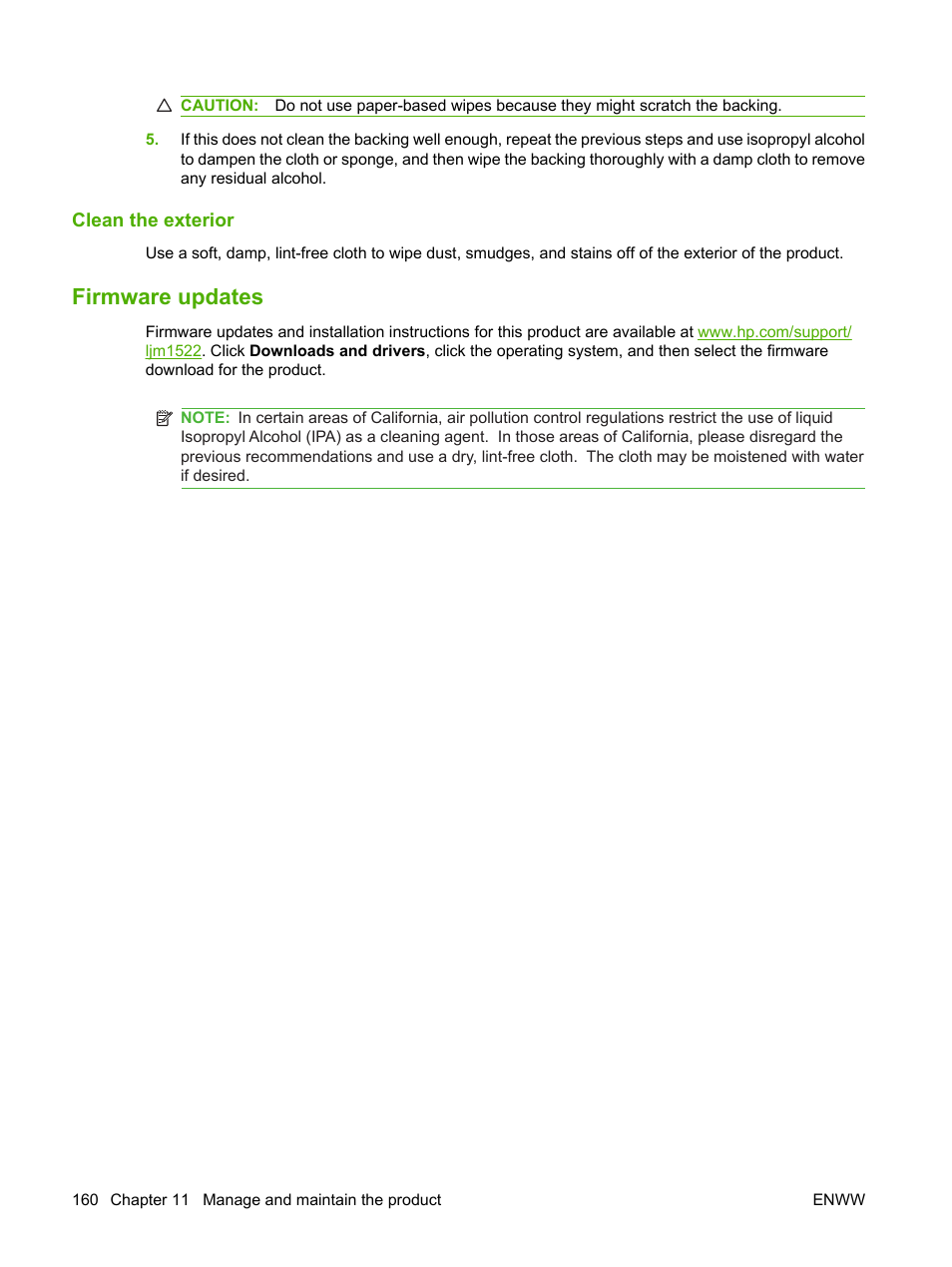Clean the exterior, Firmware updates | HP LaserJet M1522 Multifunction Printer series User Manual | Page 172 / 254