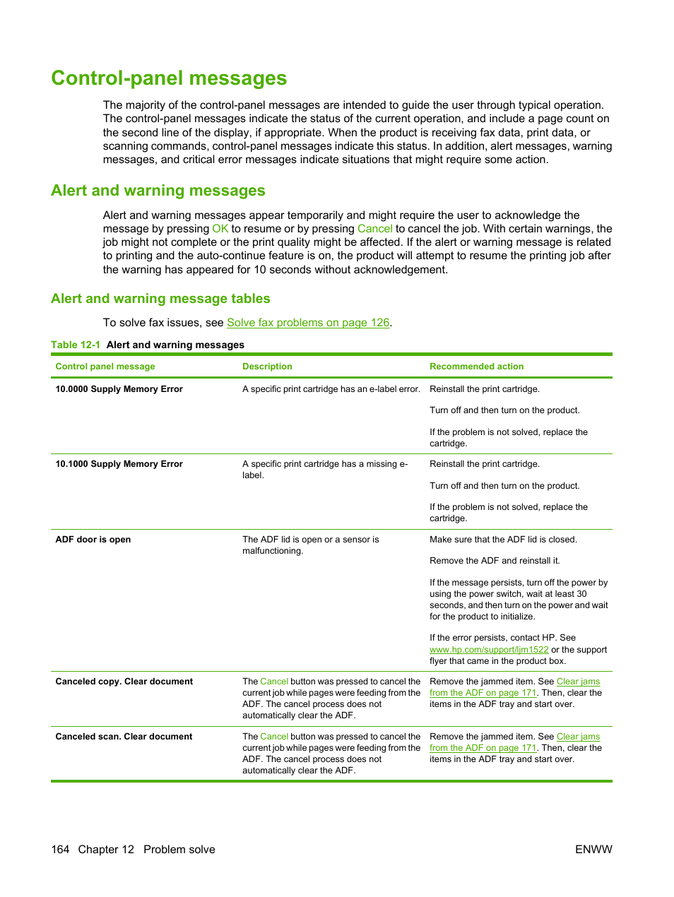 Control-panel messages, Alert and warning messages, Alert and warning message tables | HP LaserJet M1522 Multifunction Printer series User Manual | Page 176 / 254