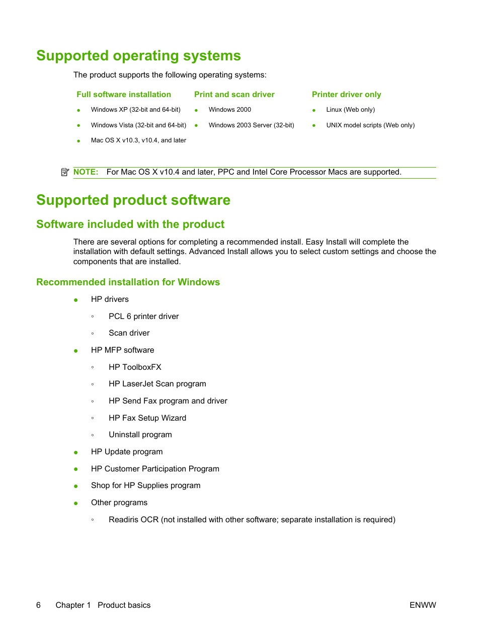 Supported operating systems, Supported product software, Software included with the product | Recommended installation for windows | HP LaserJet M1522 Multifunction Printer series User Manual | Page 18 / 254