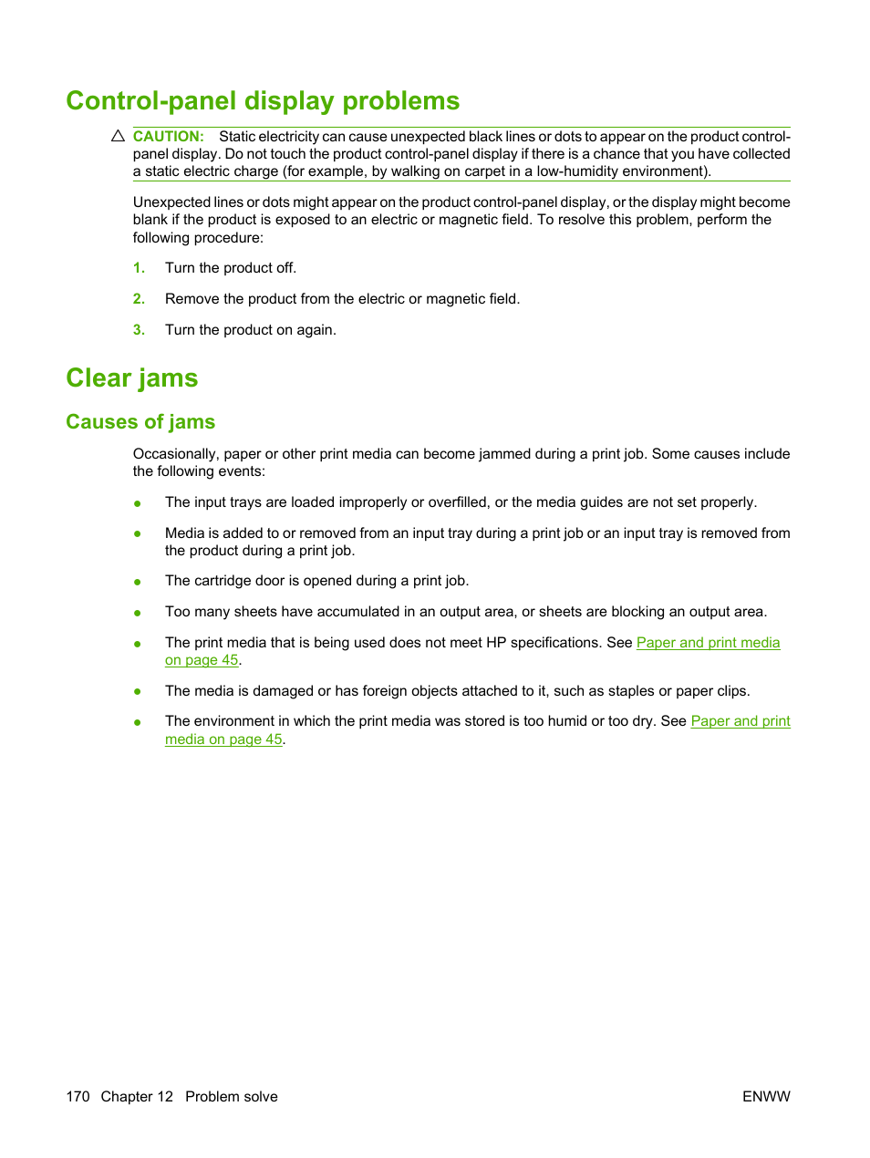 Control-panel display problems, Clear jams, Causes of jams | Control-panel display problems clear jams | HP LaserJet M1522 Multifunction Printer series User Manual | Page 182 / 254
