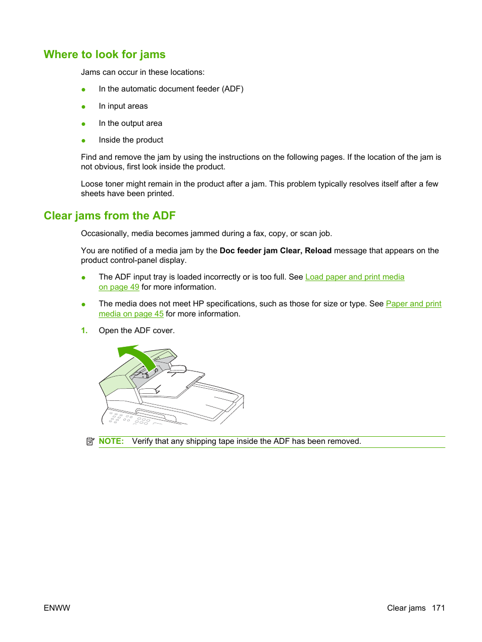 Where to look for jams, Clear jams from the adf, Where to look for jams clear jams from the adf | Clear jams, Then | HP LaserJet M1522 Multifunction Printer series User Manual | Page 183 / 254